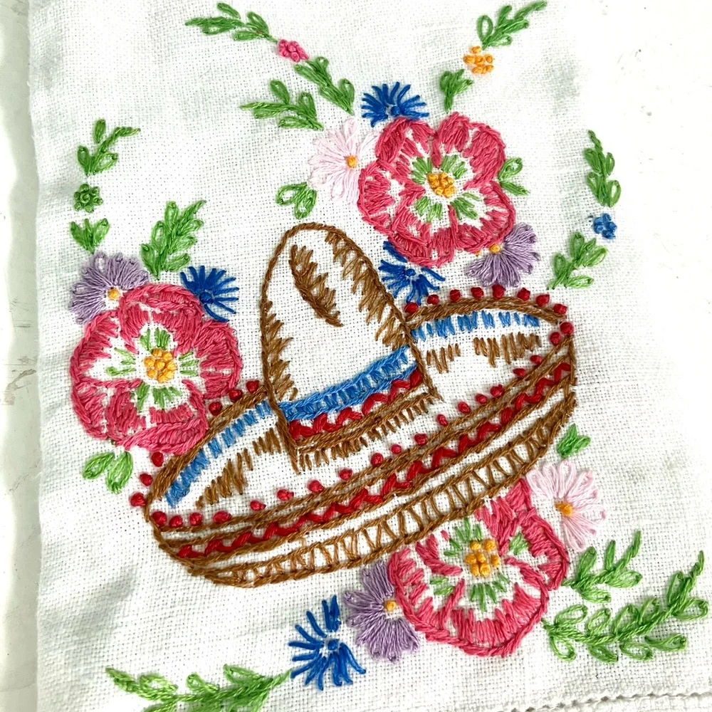Vintage 40’s embroidered sombrero hat & flowers white linen tea towel